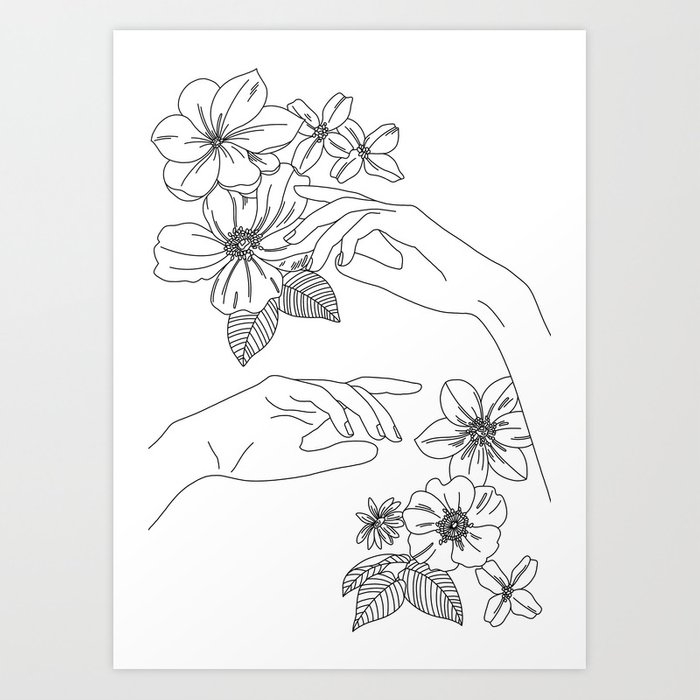 Hands And Flowers Line Drawing Illustration Isabel Art Print by The Colour Study - SMALL - Image 0