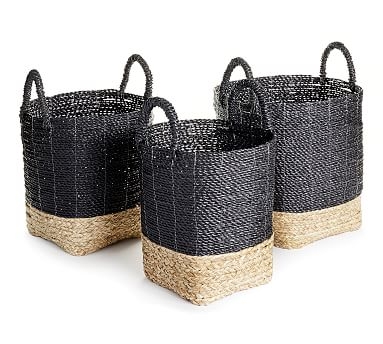Woven Grass Handled Basket Set of 3 - Black, Square - Image 0