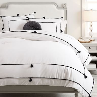 Chambray Tassel Duvet Cover, Full/Queen, Black/White - Image 0