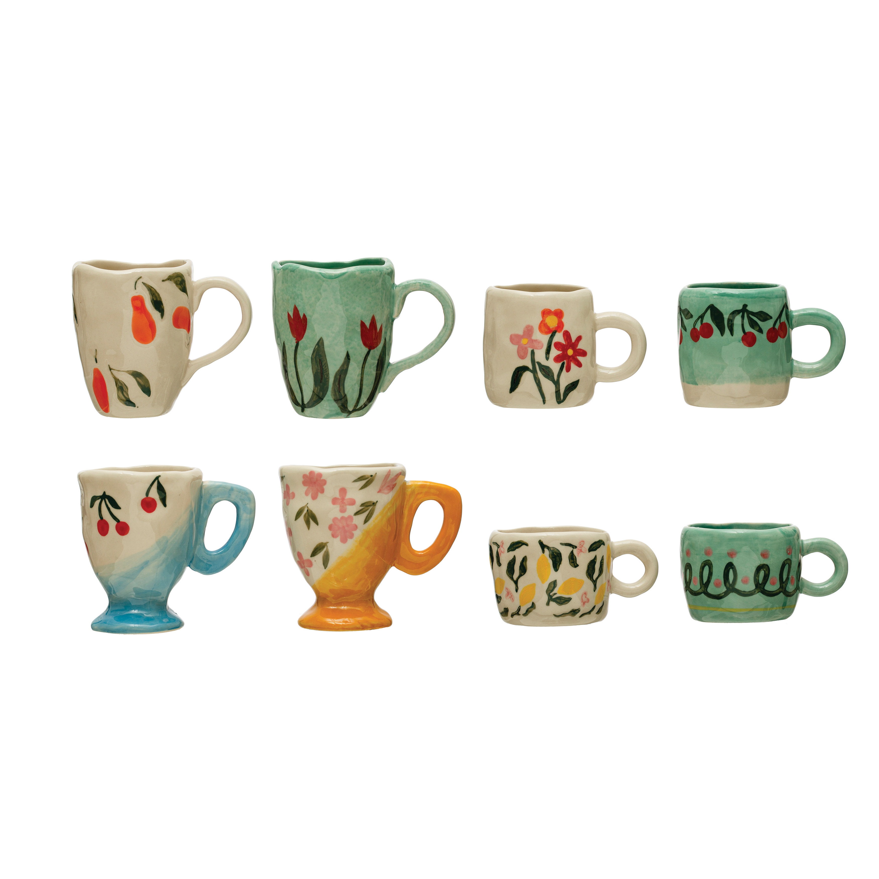 Stoneware Espresso Cups with Painted Designs, Set of 8, Multicolor - Image 0