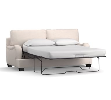 PB English Upholstered Sleeper Sofa, Polyester Wrapped Cushions, Performance Heathered Basketweave Dove - Image 1