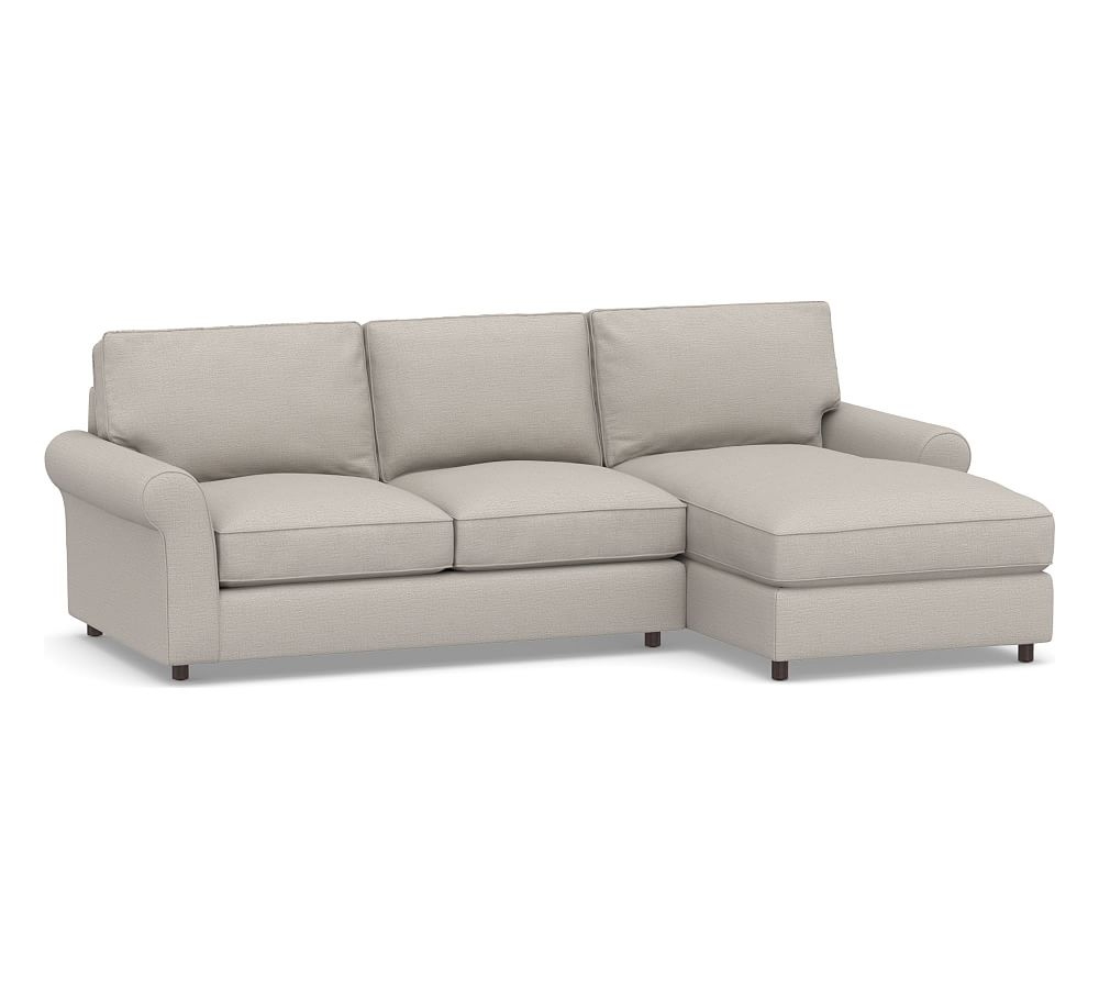 PB Comfort Roll Arm Upholstered Left Arm Loveseat with Chaise Sectional, Box Edge Down Blend Wrapped Cushions, Chunky Basketweave Stone - Image 0