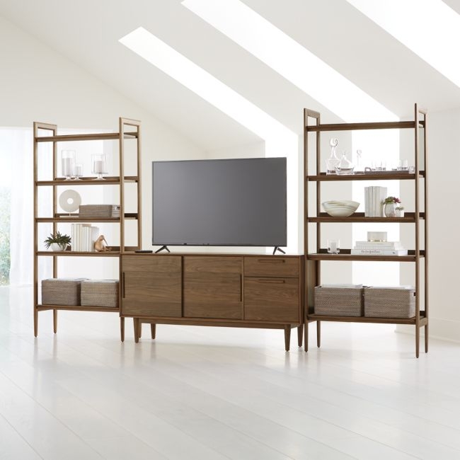 Tate 136.5" Walnut Storage Media Console and Bookshelf Set - Image 0