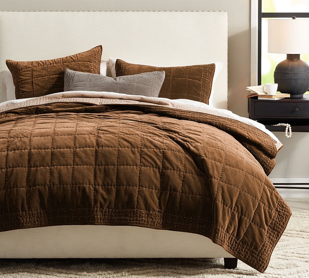 Cognac Velvet Handcrafted Box Stitch Quilt, King/Cal. King - Image 0
