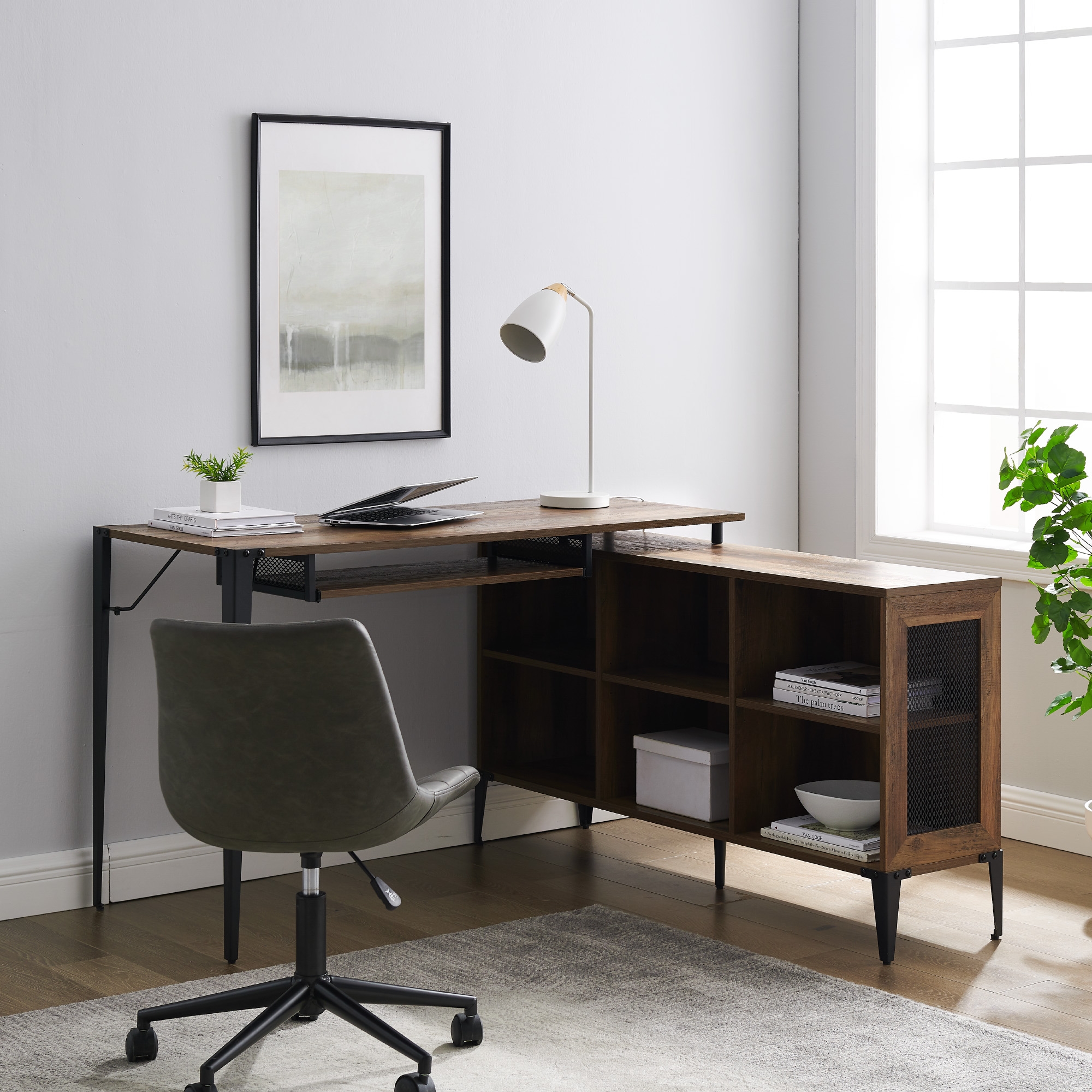 52" L Shaped Computer Desk with Storage - Rustic Oak - Image 4