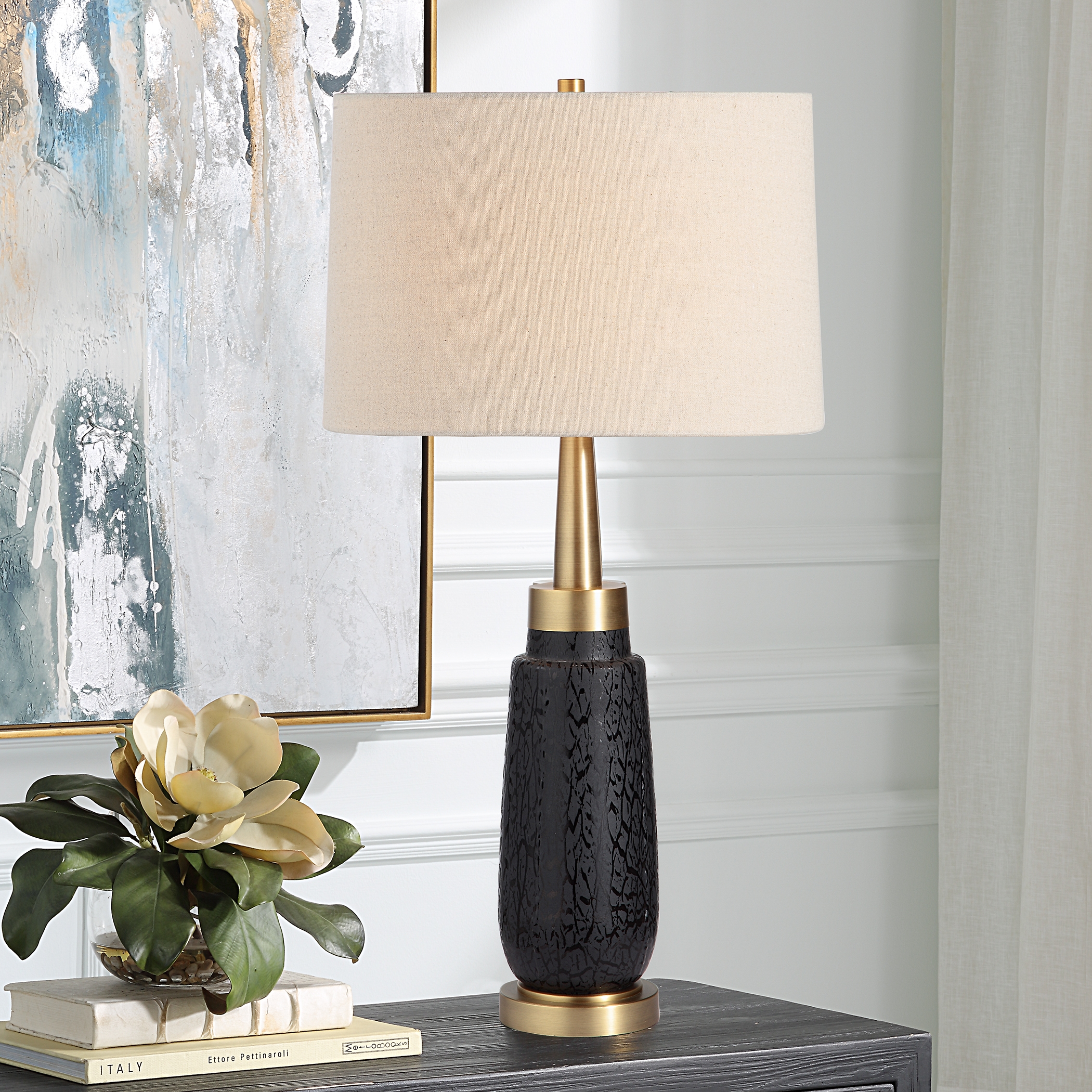 Spyglass Black Wood Grain Table Lamp - Image 1