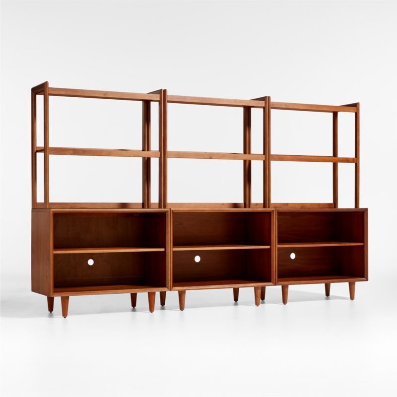 Tatum Set of 3 Modular Walnut Wood Kids Open Bookcases with Hutches - Image 2