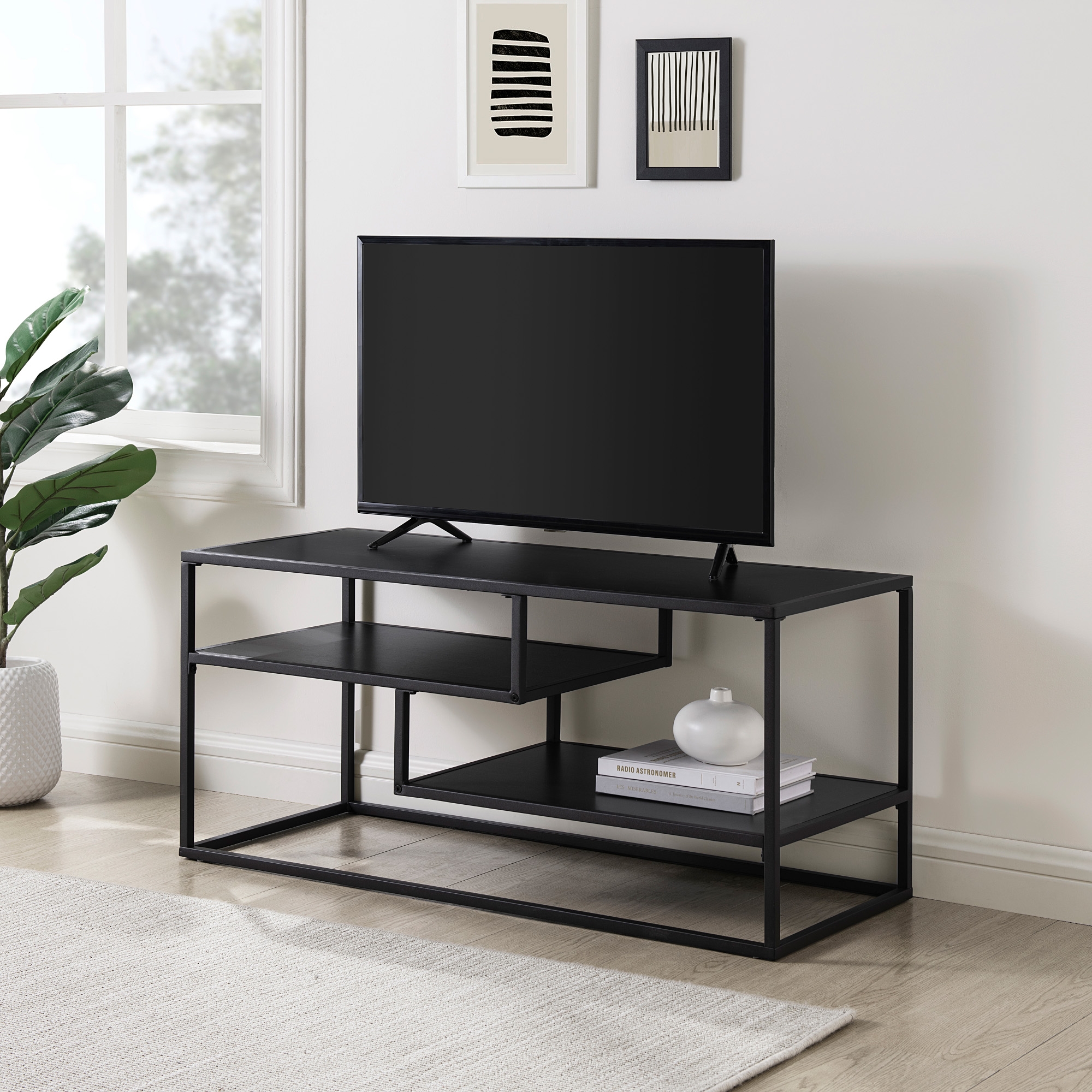 Modern Floating Shelf Metal and Wood TV Stand for TVs up to 43” – Solid Black - Image 4