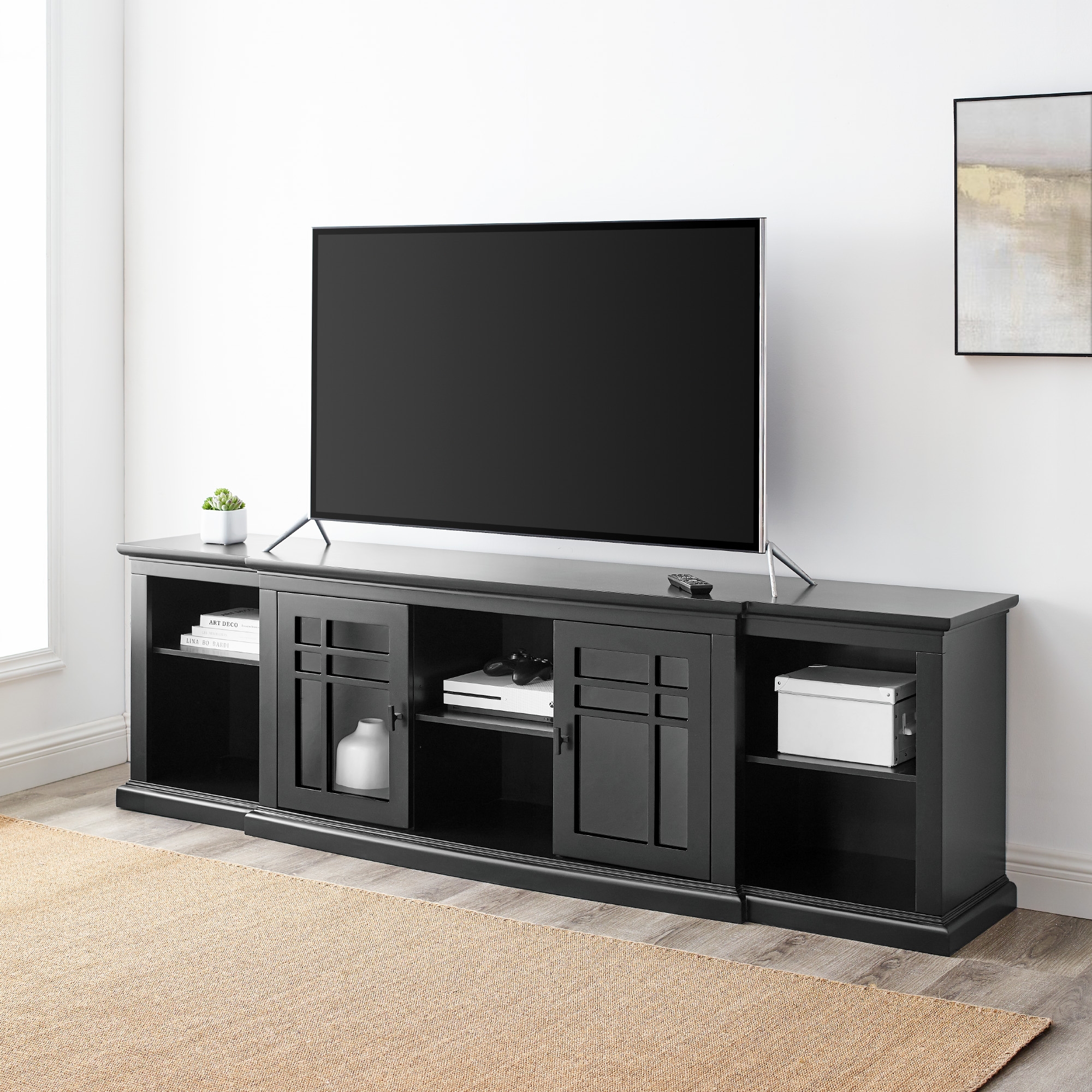 Classic Detailed Glass-Door Storage TV Stand for TVs up to 88” – Black - Image 4