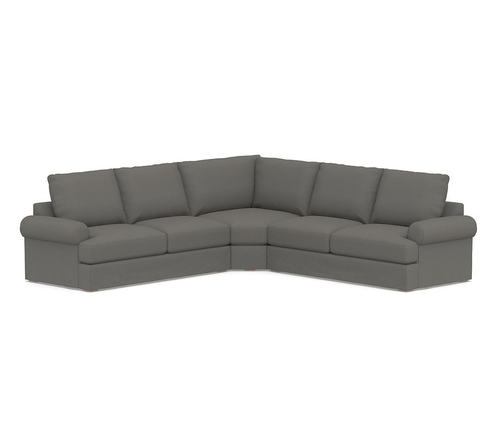 Canyon Roll Arm Slipcovered 3-Piece L-Shaped Wedge Sectional, Down Blend Wrapped Cushions, Sunbrella(R) Performance Boss Herringbone Charcoal - Image 0