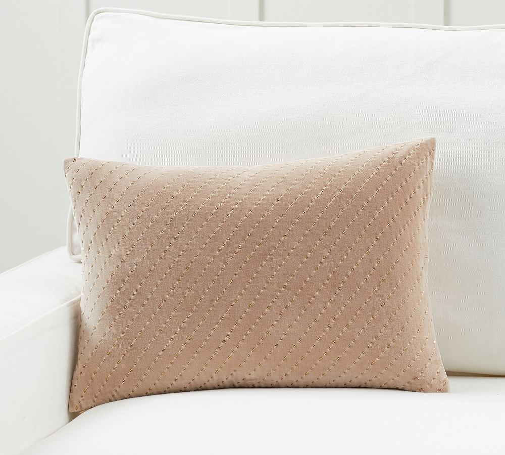 Ceres Velvet Pickstitch Lumbar Pillow Cover, 14 x 20", Taupe - Image 0