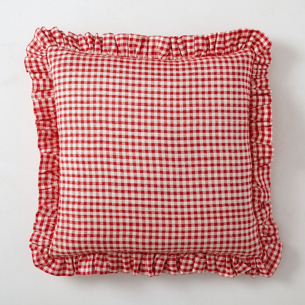 Heather Taylor Home Mini Gingham Ruffle Pillow Cover, 20"x20", Red - Image 0