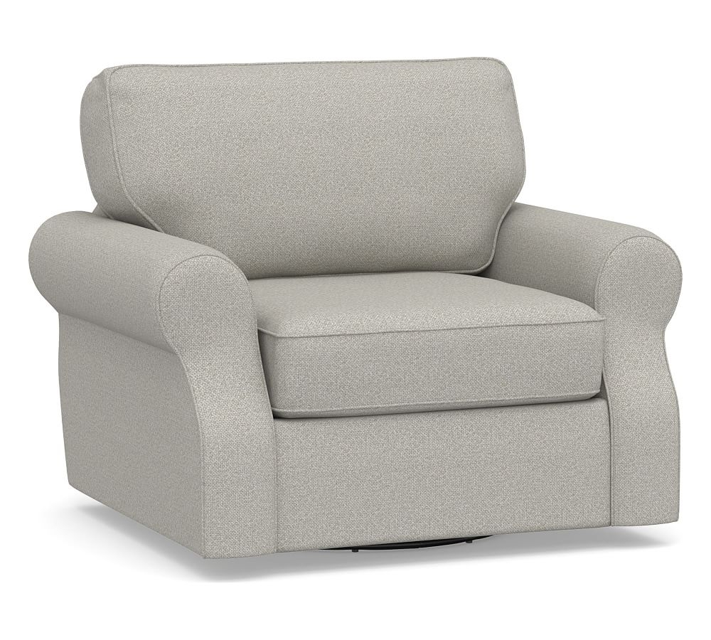 SoMa Fremont Roll Arm Upholstered Swivel Armchair, Polyester Wrapped Cushions, Performance Boucle Pebble - Image 0