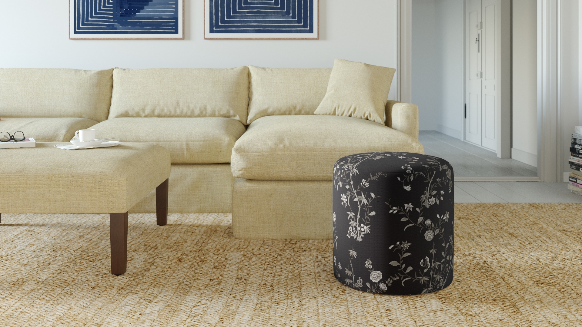 Drum Ottoman, Black Bamboo Garden - Image 1