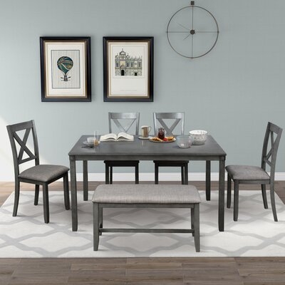 6-Piece Kitchen Dining Table Set Wooden Rectangular Dining Table, 4 Dining Chair And Bench Family Furniture For 6 People (Grey) - Image 0