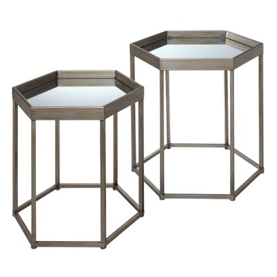 Side Table With Mirror Top And Metal Frame, Set Of 2, Gray - Image 0