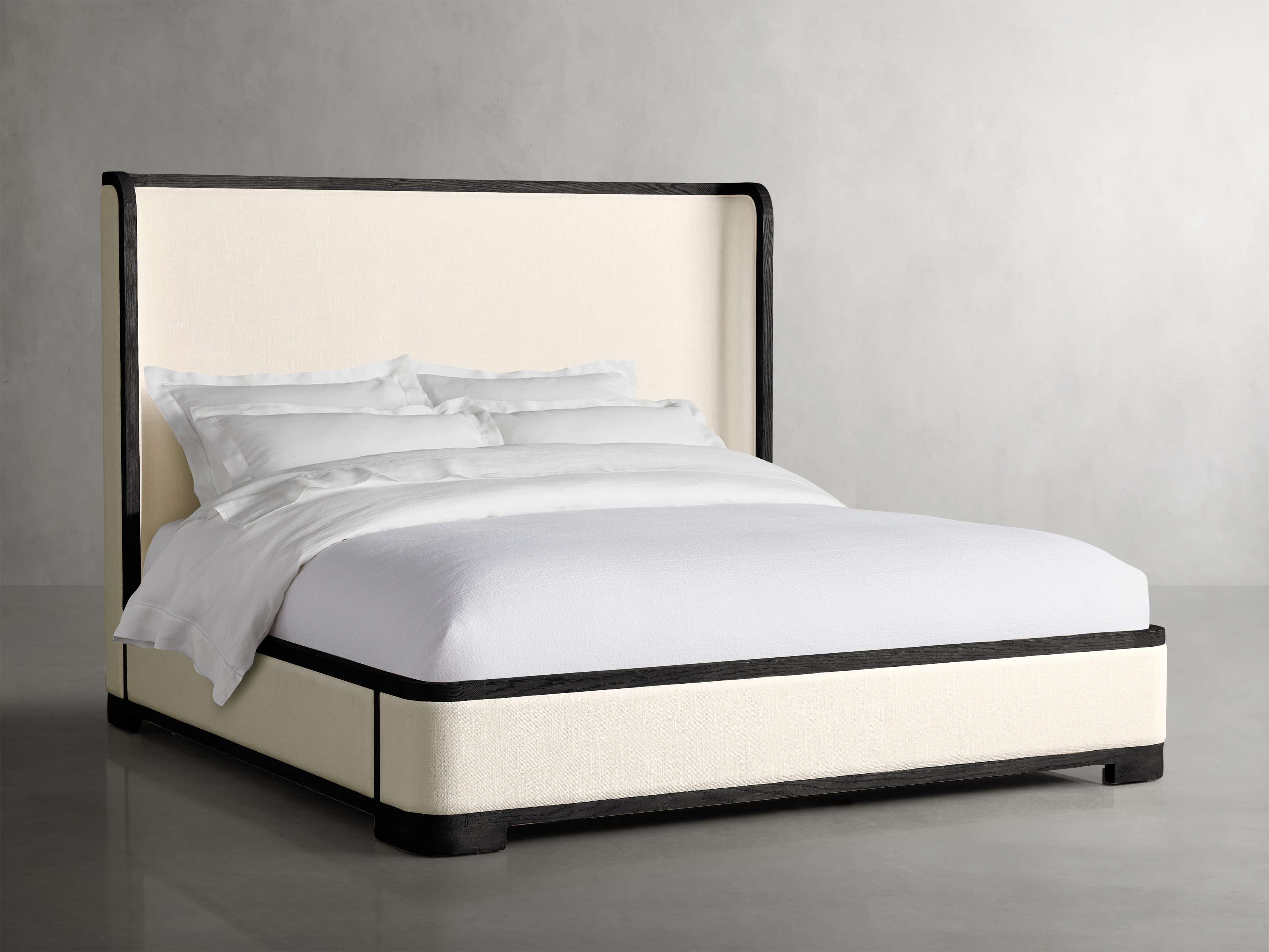 Darien Curved Shelter Bed in Izzy Snow Upholstered 60" Queen Black /Ebony - Image 0