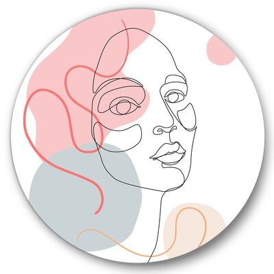 One Line Drawing Of Young Woman In Pastel Tones - Modern Metal Circle Wall Art - Image 0