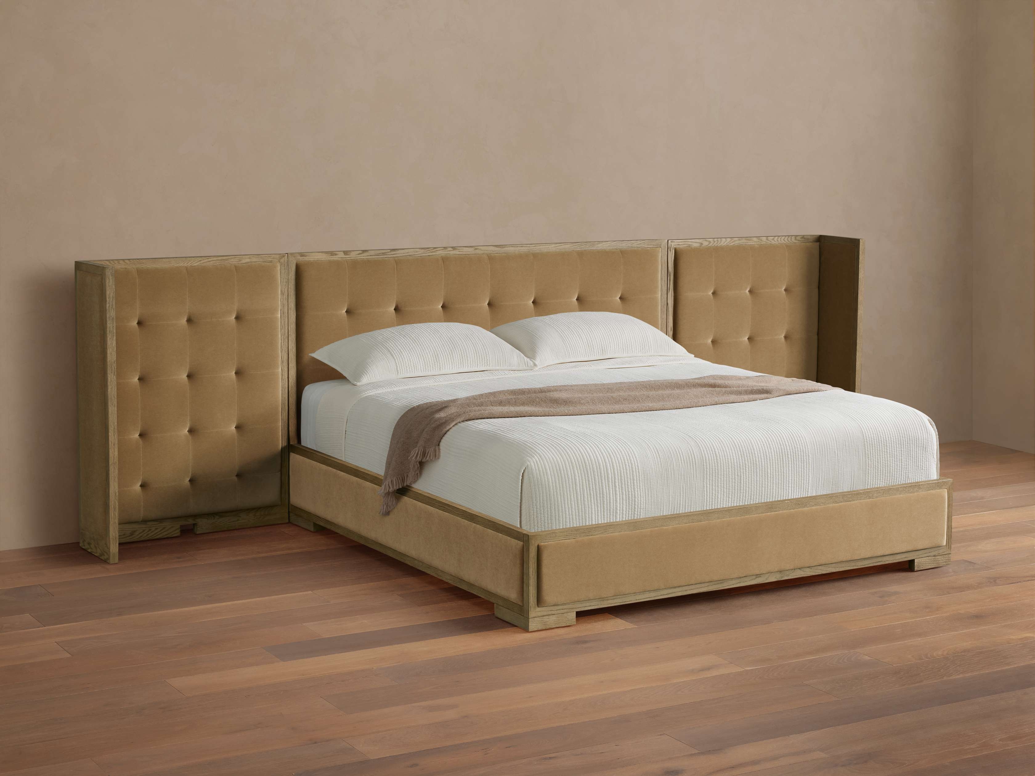 Darien Extended Box-Tufted Shelter Bed in Upholstered 48" Cali King None  Banks Taupe/Fawn - Image 0