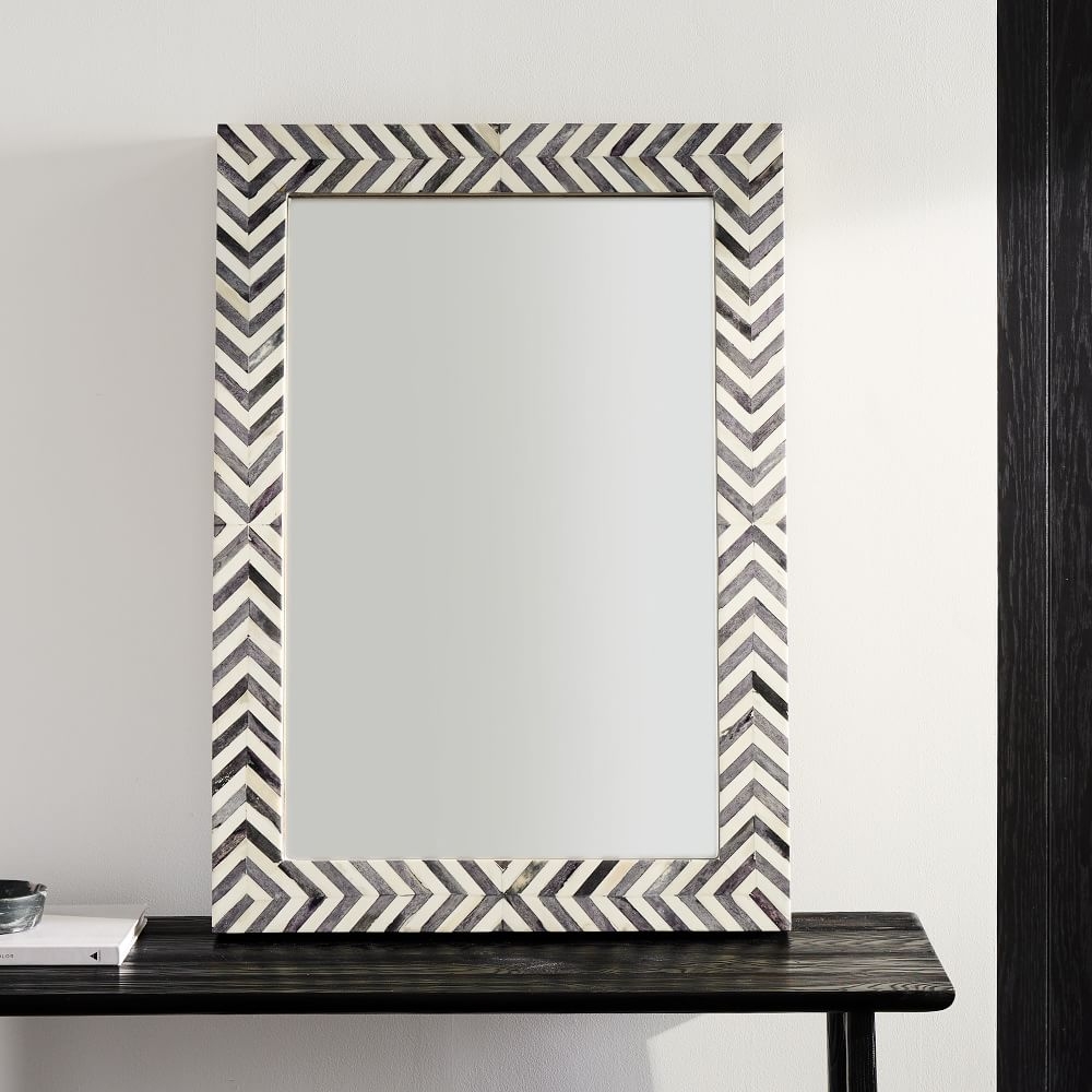 Parsons Herringbone Wood Wall Mirror, Gray, 24"Wx34"H - Image 0