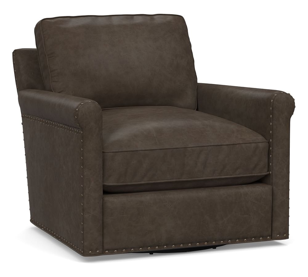 Tyler Roll Arm Leather Swivel Armchair with Nailheads, Polyester Wrapped Cushions, Statesville Wolf Gray - Image 0