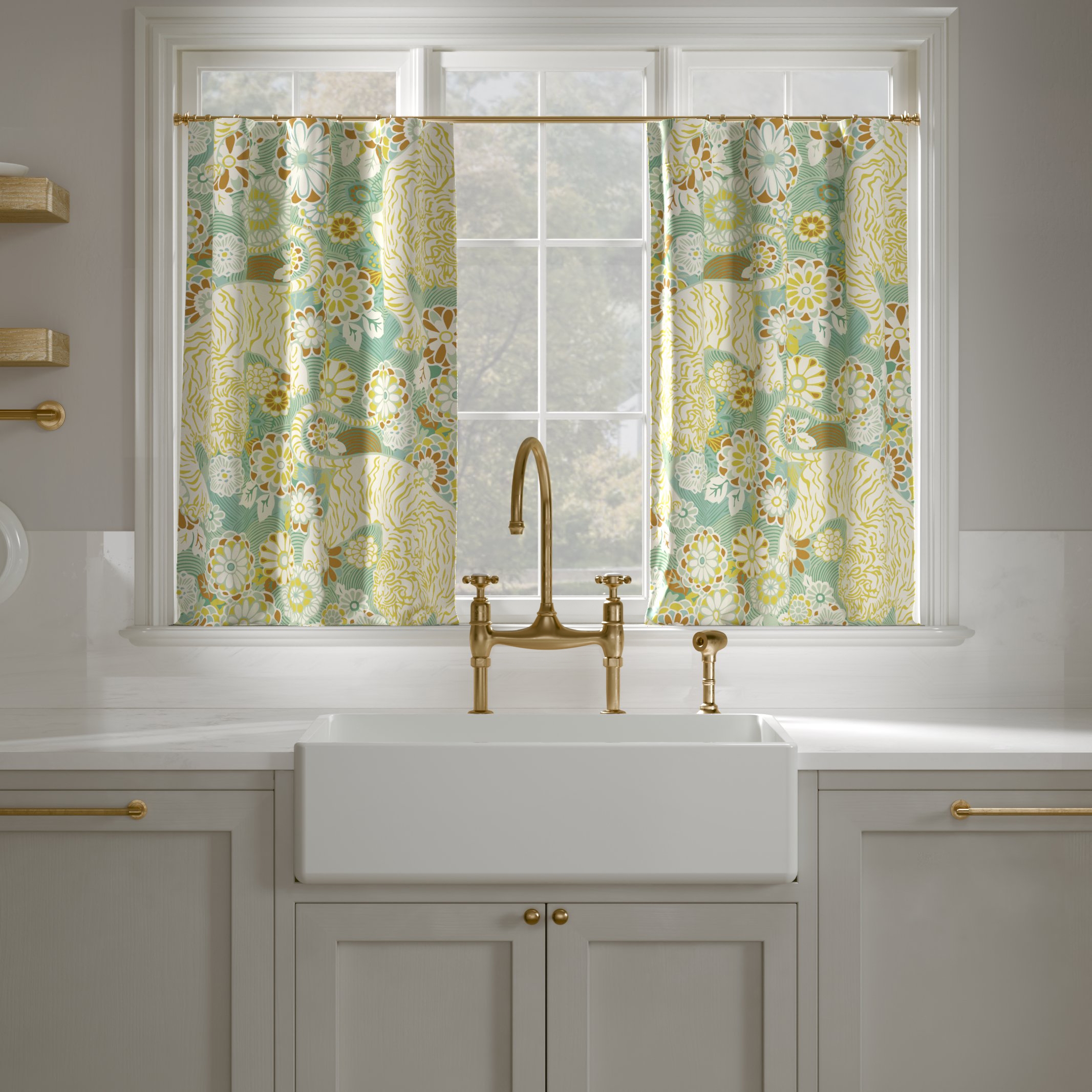 Printed Linen Café Curtain, Pistachio Siberian Tiger, 25" x 24", Privacy - Image 0