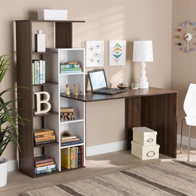 Modern And Contemporary Two-Tone White And Walnut Brown Finished Wood Storage Computer Desk With Shelves - Image 0