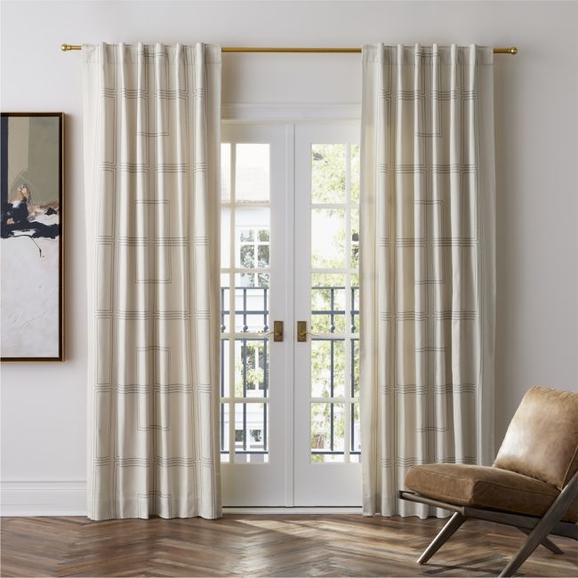 Embroidered Craftsman Ivory/Midnight Navy Organic Cotton Sateen Window Curtain Panel 52"x120" - Image 0