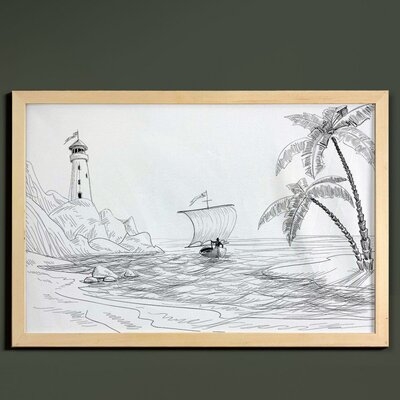 Ambesonne Beach Wall Art With Frame, Seascape Sketch With Boat Palm Tree And Lighthouse Coastal Hand Drawn Art, Printed Fabric Poster For Bathroom Living Room Dorms, 35" X 23", Black And White - Image 0
