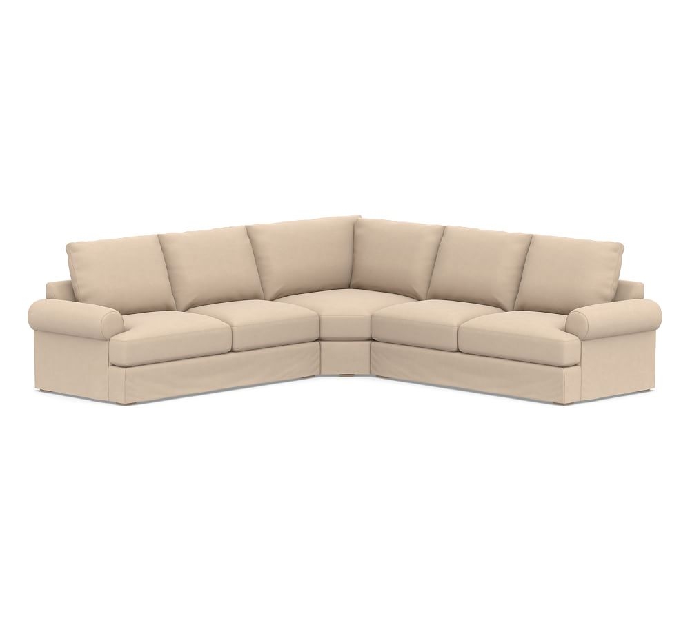Canyon Roll Arm Slipcovered 3-Piece L-Shaped Wedge Sectional, Down Blend Wrapped Cushions, Performance Everydayvelvet(TM) Buckwheat - Image 0