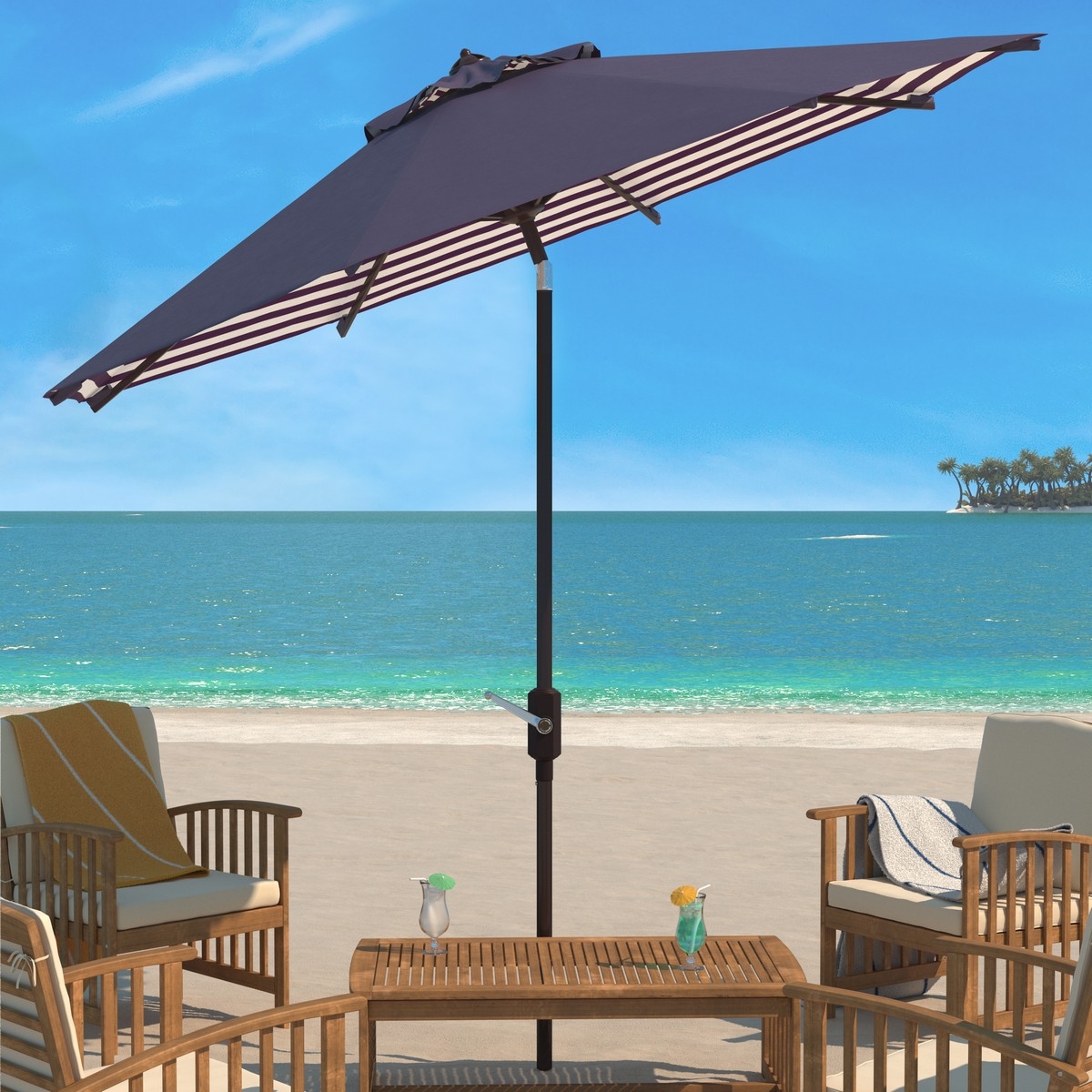 Athens 11Ft Crank Umbrella - Navy/White - Safavieh - Image 1