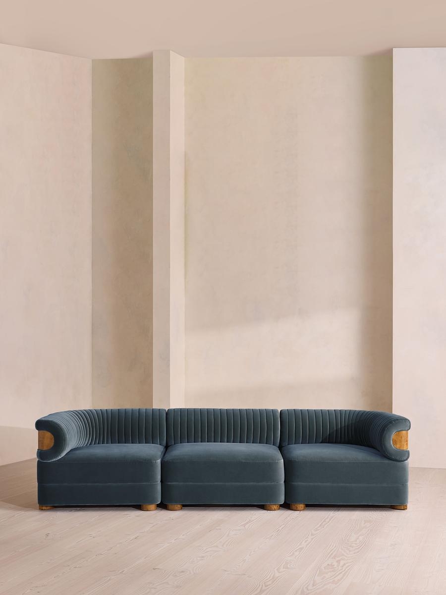 Caleb Sectional Sofa, Four Seater, Velvet, Grey Blue, Dark Burl, US - Image 0