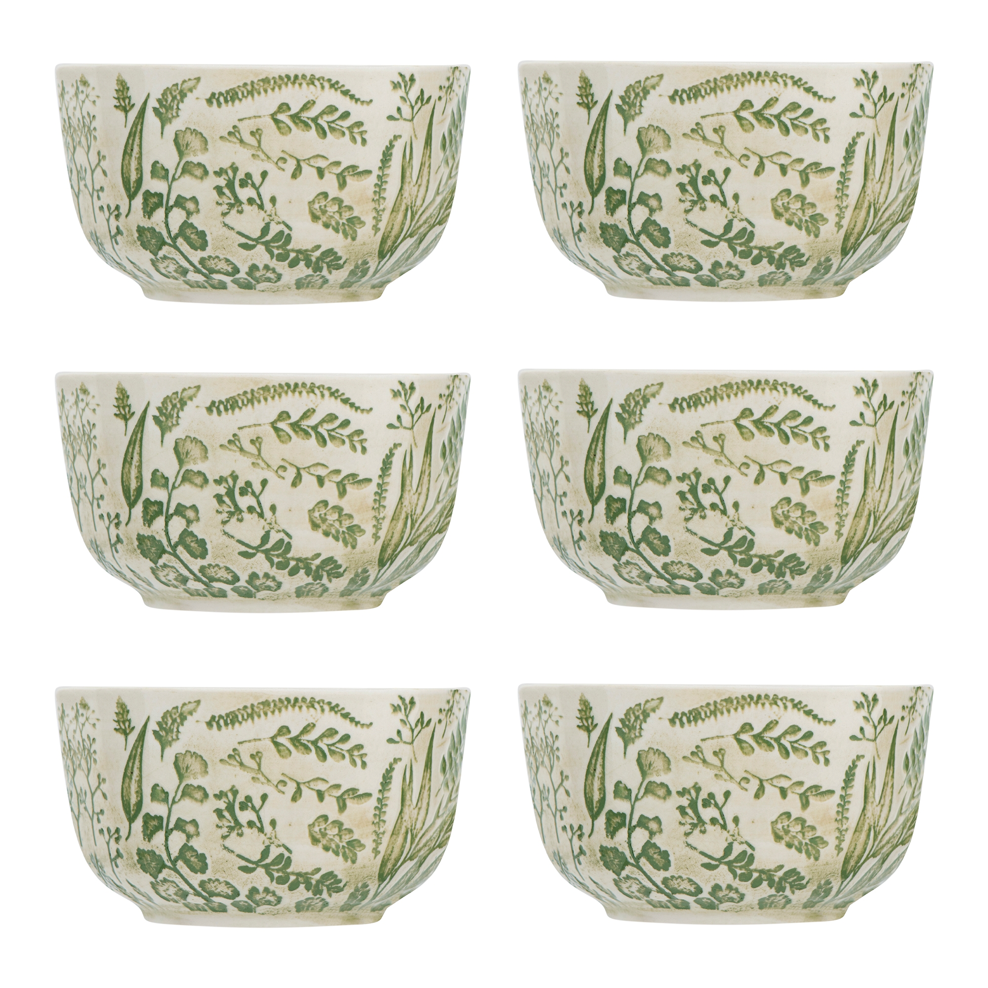 White Stoneware Bowl with Hand-Stamped & Embossed Green Pattern (Set of 6 Bowls) - Image 0