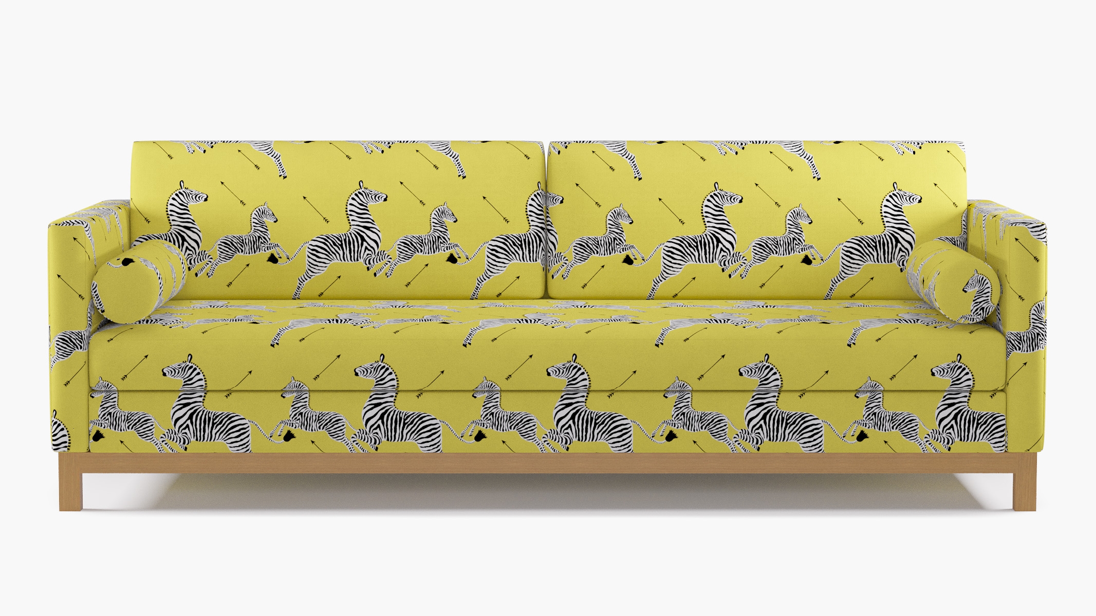 Tailored Tuxedo Sofa, Yellow Zebra, Natural Wood Rail - Image 0