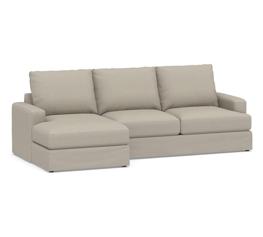 Canyon Square Arm Slipcovered Right Arm Loveseat with Chaise Sectional, Down Blend Wrapped Cushions, Performance Boucle Fog - Image 0