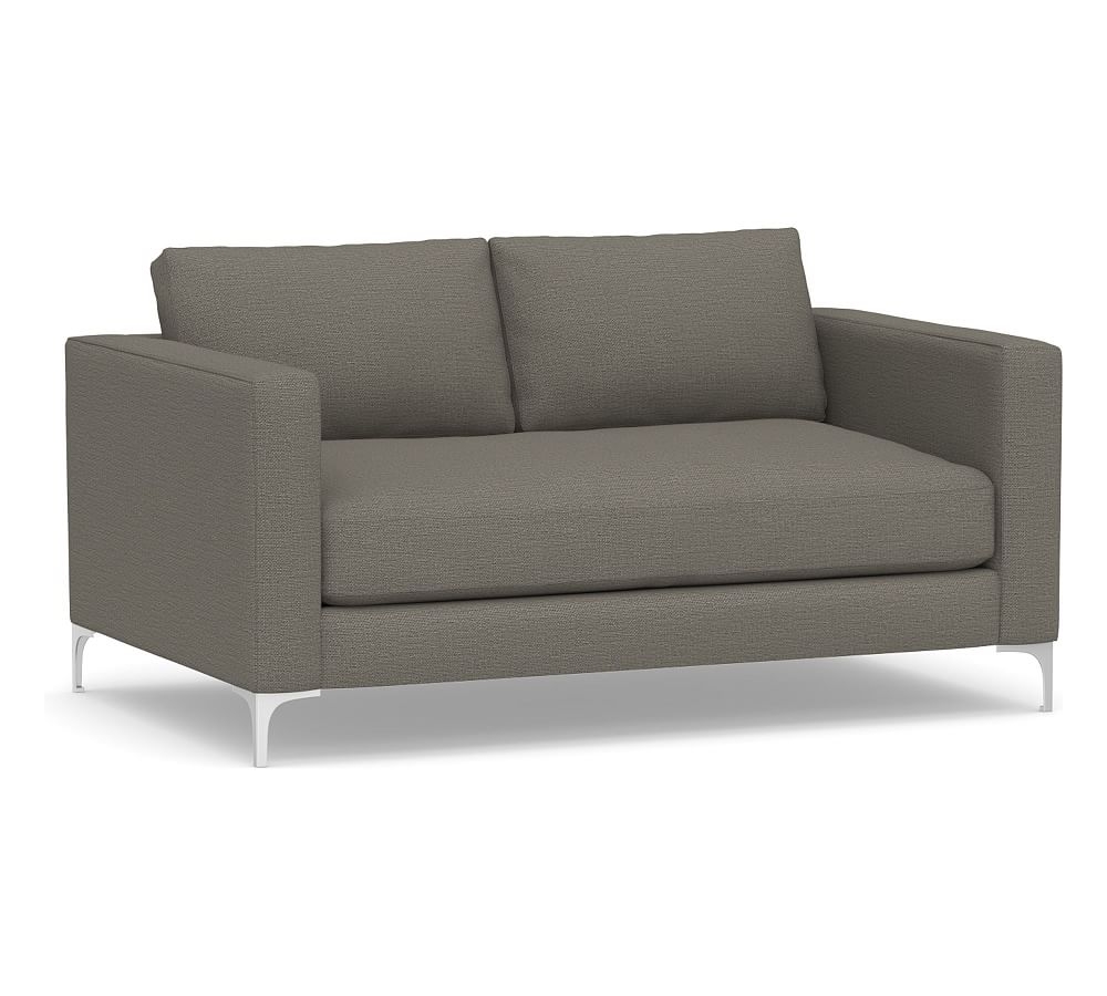 Jake Upholstered Apartment Sofa 63" with Brushed Nickel Legs, Polyester Wrapped Cushions, Chunky Basketweave Metal - Image 0