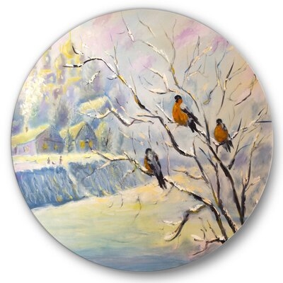 Rustic Birds On A Tree In Winter Village - Farmhouse Metal Circle Wall Art - Image 0