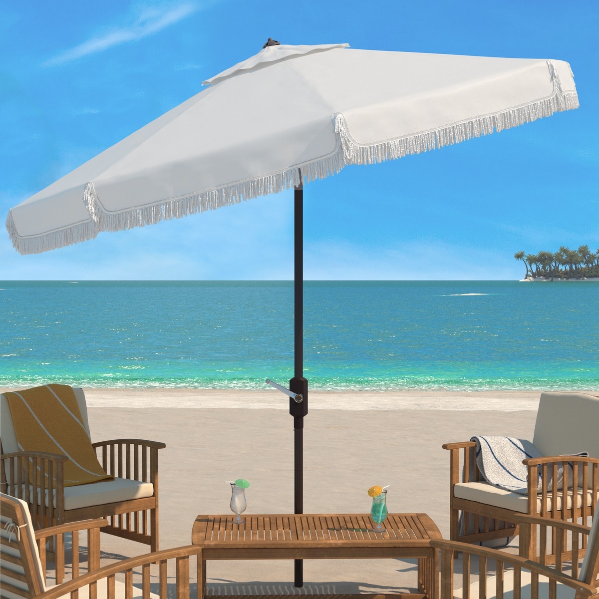 Milan Fringe 11Ft Umbrella - White - Safavieh - Image 1