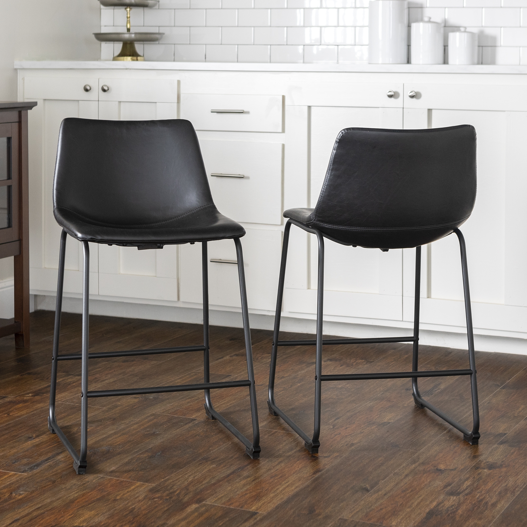 24" Industrial Faux Leather Counter Stools, Set of 2 - Black - Image 0