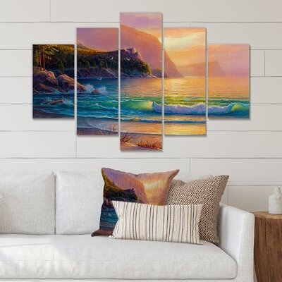 Romantic Beach During Warm Sunset - 5 Piece Wrapped Canvas Graphic Art Print Set - Image 0