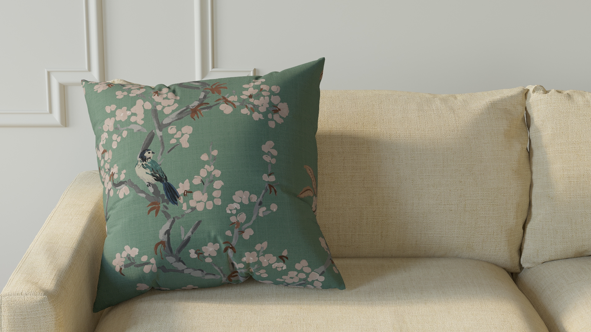 Throw Pillow 22", Mint Cherry Blossom, 22" x 22" - Image 2