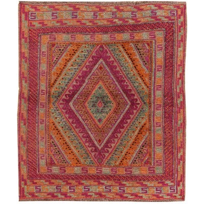 One-of-a-Kind Christis Hand-Knotted New Age Mashwani Orange/Pink/Green 3'10" x 4' Square Wool Area Rug - Image 0