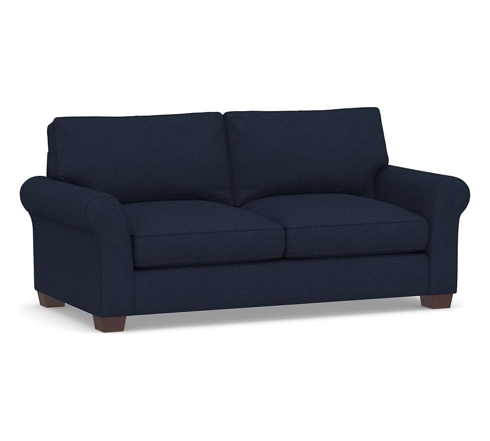 PB Comfort Roll Arm Upholstered Sofa 83", Box Edge Down Blend Wrapped Cushions, Performance Heathered Basketweave Navy - Image 0