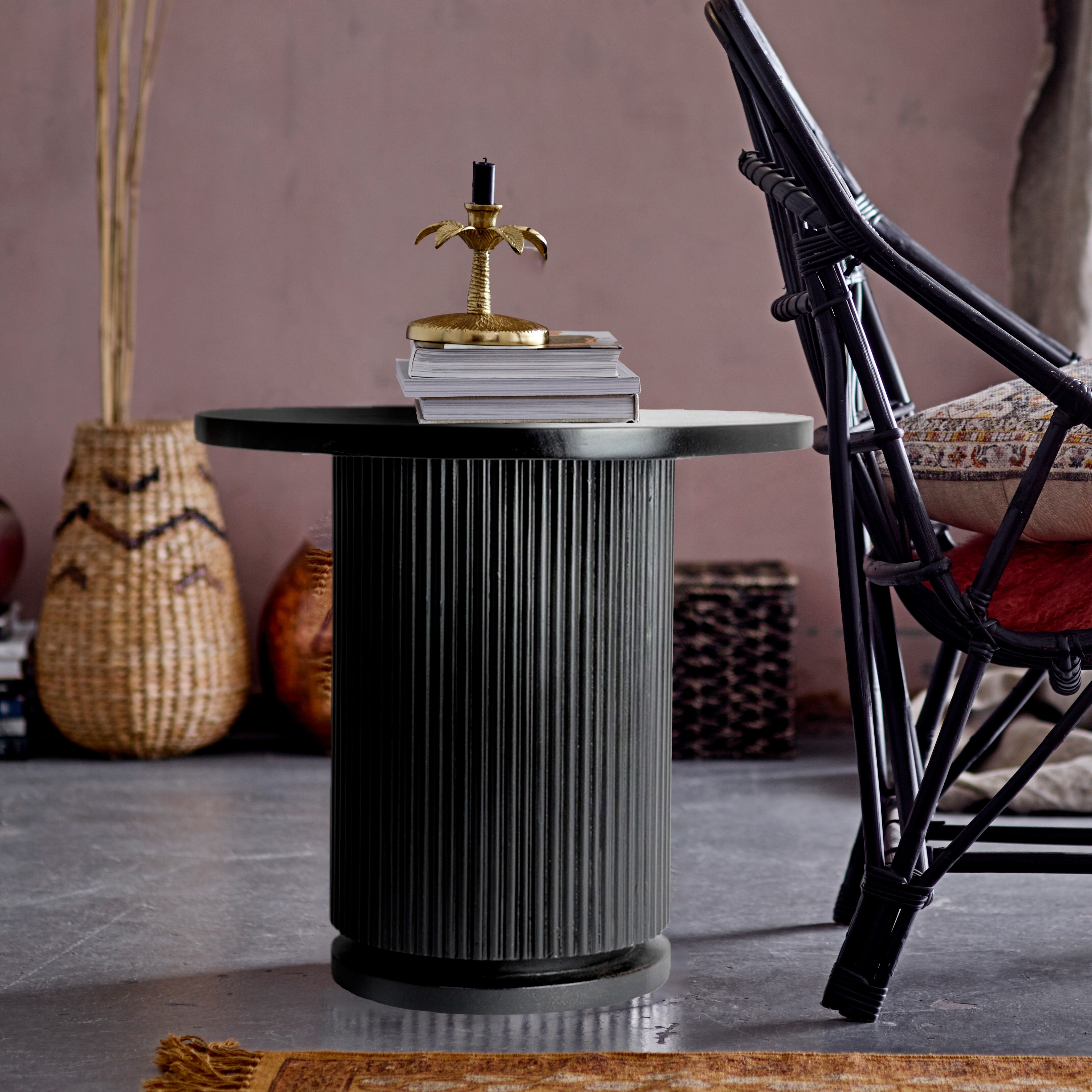 Round Mango Wood Pedestal Side Table with Ribbed Base, Black - Image 0