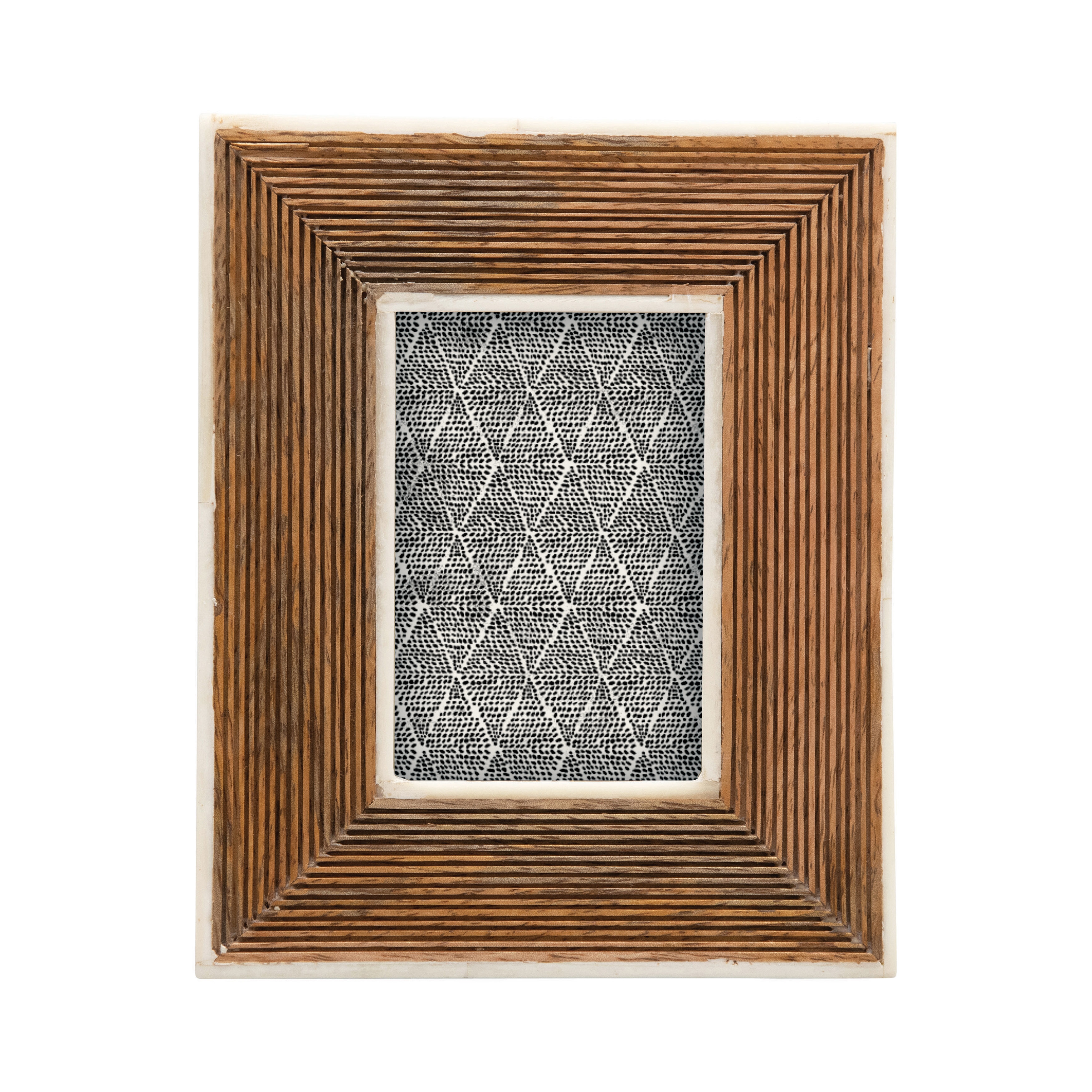 Hand-Carved Mango Wood Photo Frame with Bone Border & Ribbed Pattern, Natural (Holds 2" x 3" Photo) - Image 0