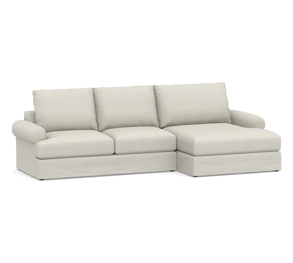 Canyon Roll Arm Slipcovered Left Arm Loveseat with Double Chaise Sectional, Down Blend Wrapped Cushions, Performance Heathered Basketweave Dove - Image 0