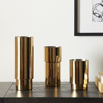 Brass And Enamel Tube Vase, Polished Brass, Small And Medium, Set of 2 - Image 1