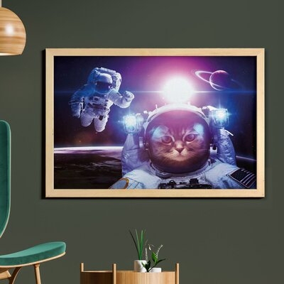 Ambesonne Space Cat Wall Art With Frame, Astronauts In Nebula Galaxy With Eclipse In Saturn Planets Image, Printed Fabric Poster For Bathroom Living Room Dorms, 35" X 23", Dark Blue Purple - Image 0