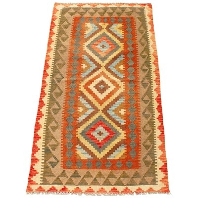 One-of-a-Kind Hand-Knotted New Age 3'3" x 6'9" Runner Wool Area Rug in Green/Orange/Beige - Image 0