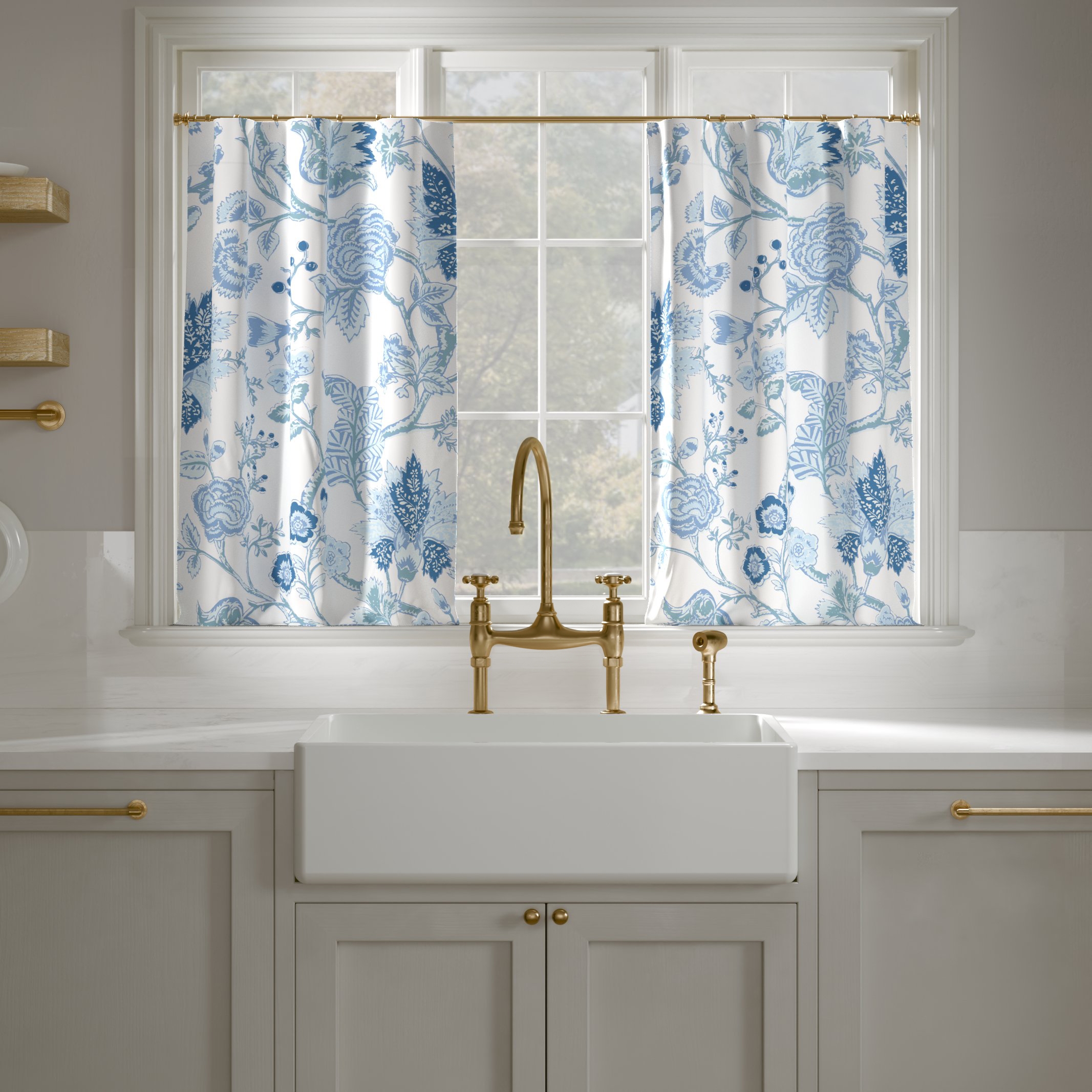 Printed Linen Café Curtain, Delft La Vendee, 25" x 30", Privacy - Image 0